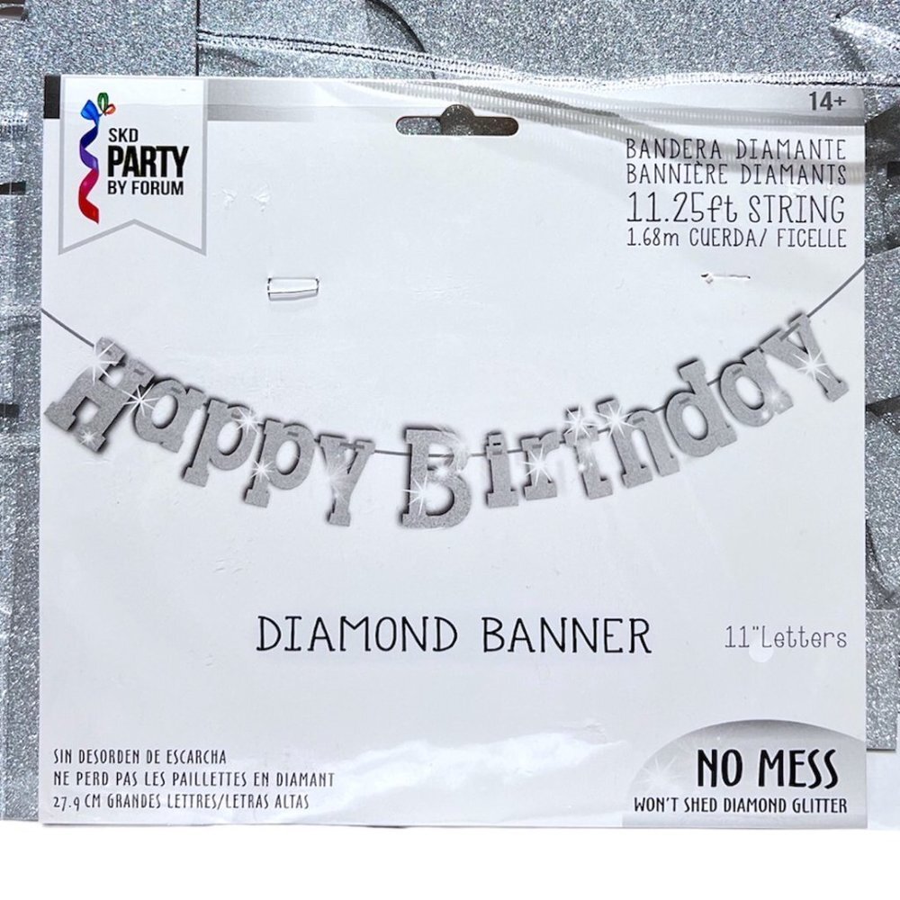 Silver Large Happy Birthday Banner‎ - Glitter Will Not Shed Birthday Decorations